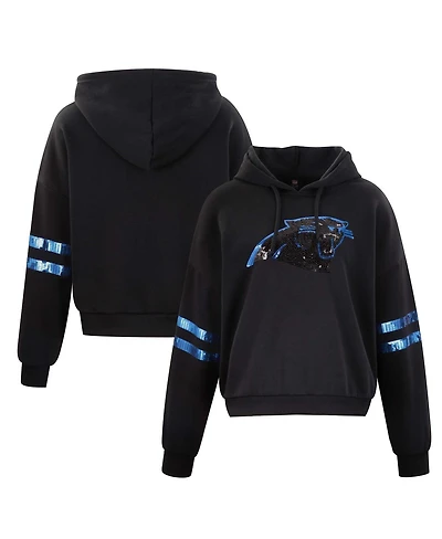 Cuce Women's Black Carolina Panthers Cropped Sequins Pullover Hoodie