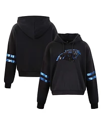 Cuce Women's Black Carolina Panthers Cropped Sequins Pullover Hoodie