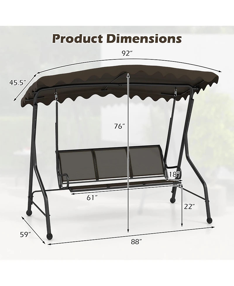 Gymax 3-Seat Outdoor Swing Porch Canopy Swing w/ Adjustable Shading Breathable Seat