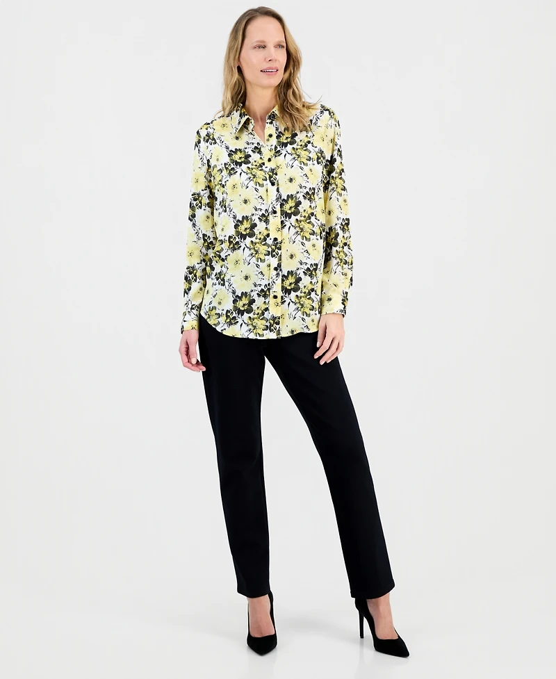 Kasper Women's Floral-Print Satin Button-Front Blouse