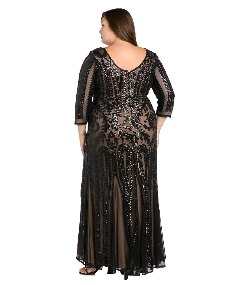 R & M Richards Plus Beaded Dress With Contrast Lining and Godet Skirt