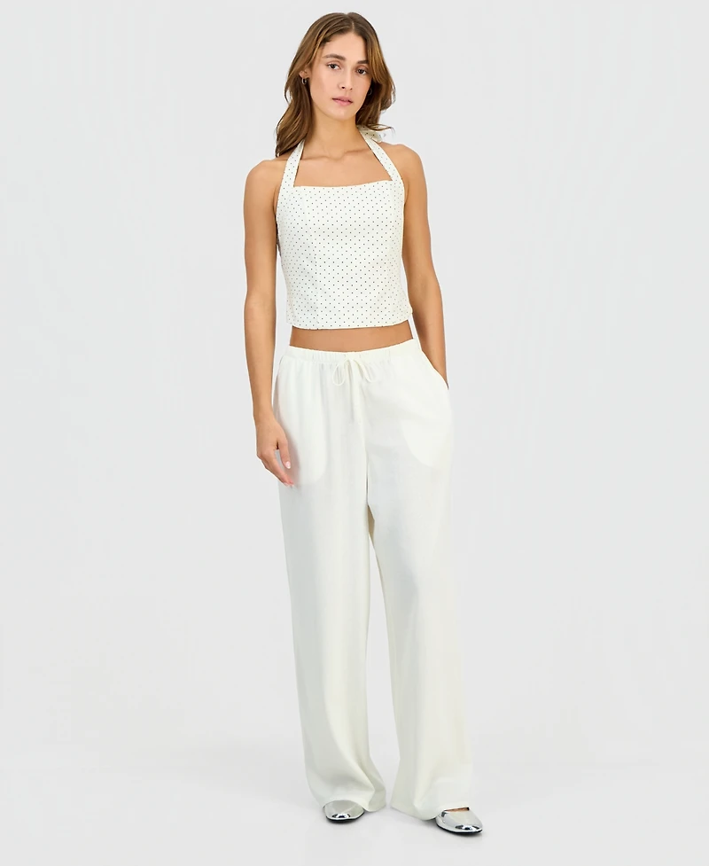 Hippie Rose Juniors' Linen-Blend Wide-Leg Tie-Front Drawstring Pants