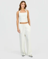 Hippie Rose Juniors' Linen-Blend Wide-Leg Tie-Front Drawstring Pants