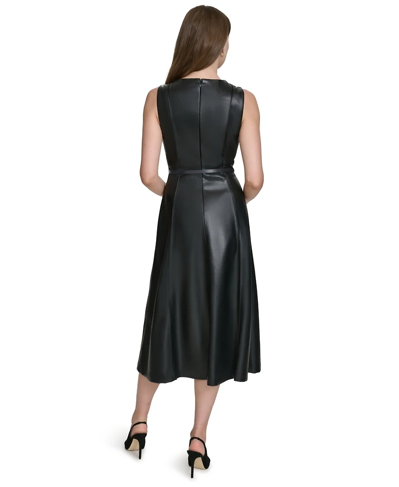 Halston Women's Faux-Leather Belted Sleeveless Midi Dress
