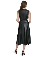 Halston Women's Faux-Leather Belted Sleeveless Midi Dress