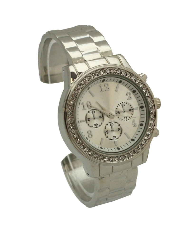 Silver Rhinestone Bezel Chronograph Bangle Watch