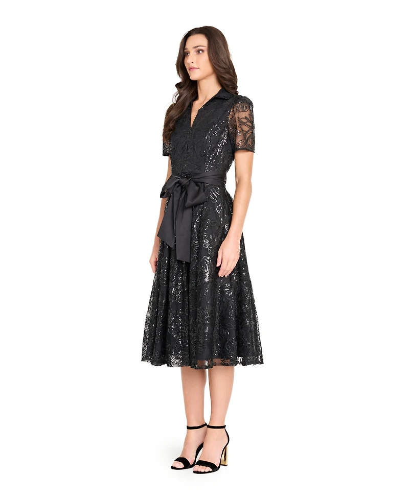 Tahari Asl Women's Collared V-Neck Sequin Dress