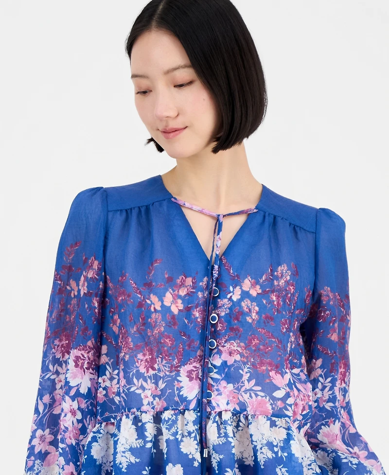 Tahari Asl Women's Floral Blouson-Sleeve Peplum Top