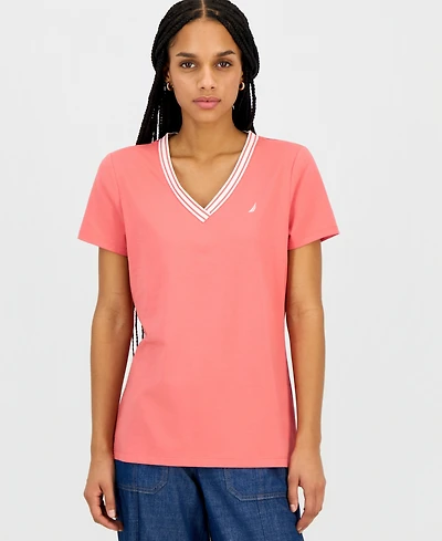 Nautica Jeans Women's Solid Stripe-Trim V-Neck