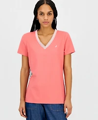 Nautica Jeans Women's Solid Stripe-Trim V-Neck
