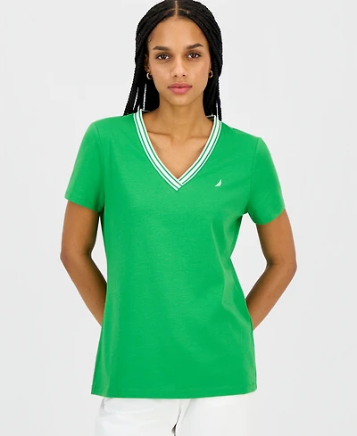 Nautica Jeans Women's Solid Stripe-Trim V-Neck