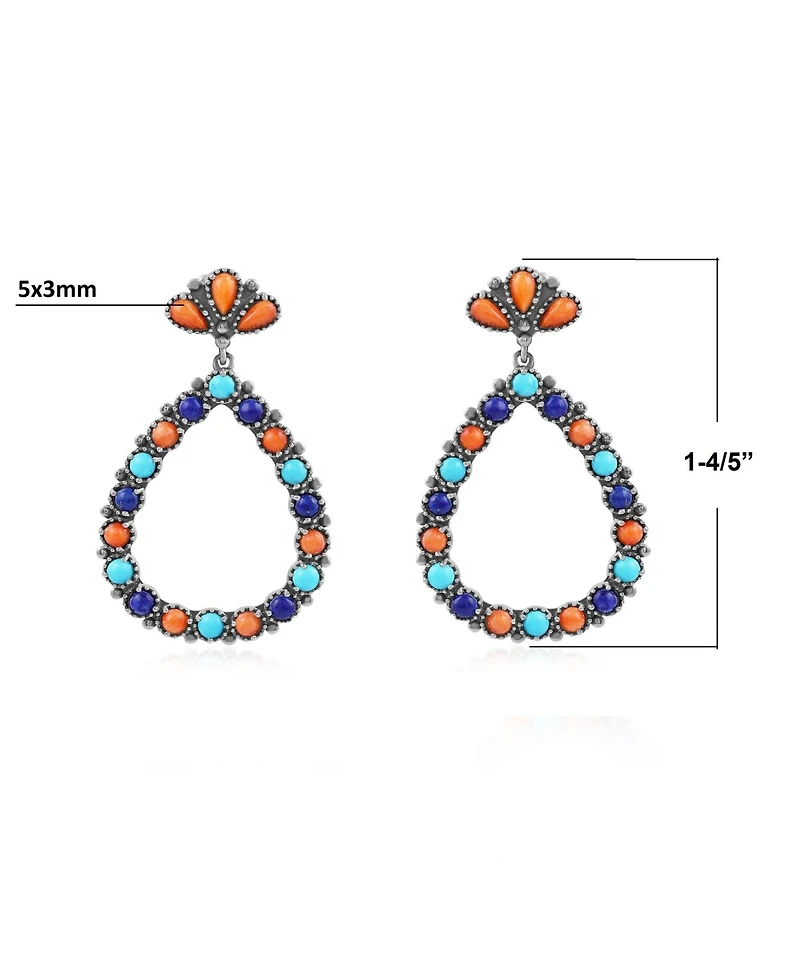 American West Jewelry Sterling Silver Orange Spiny Oyster, Turquoise and Lapis Teardrop Post Back Earrings
