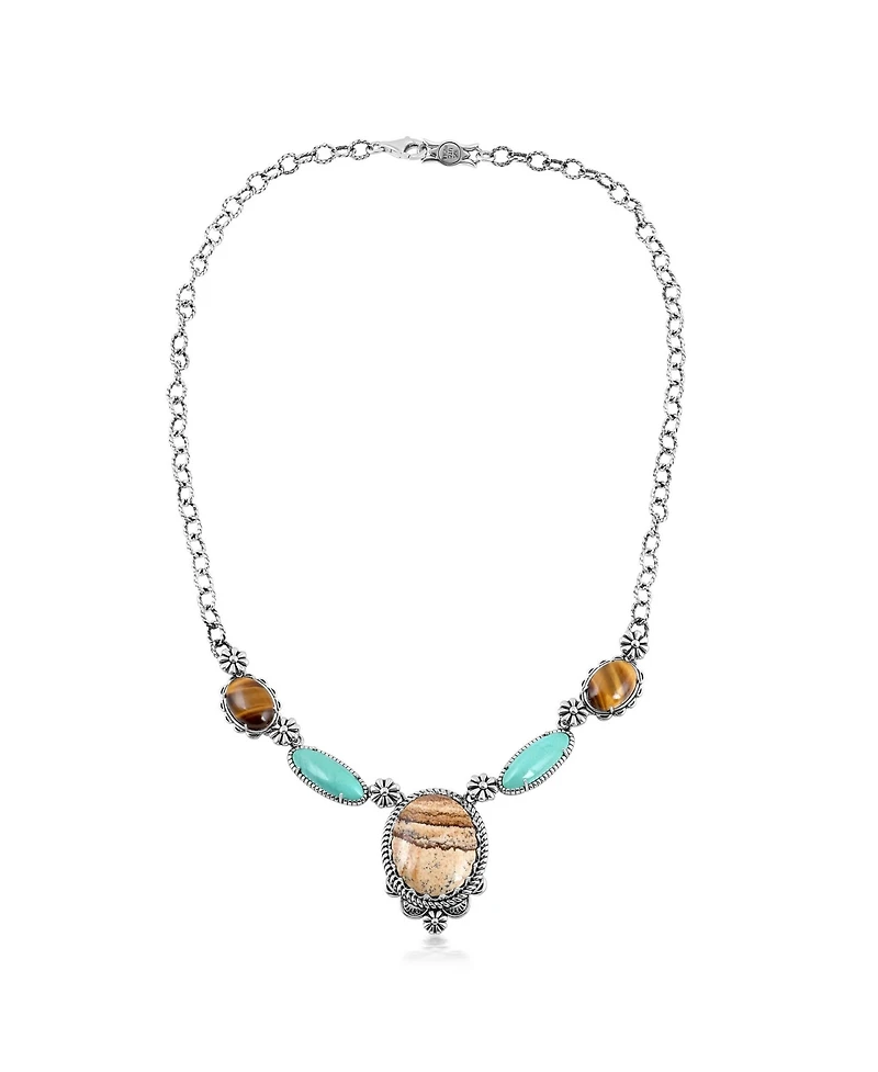 American West Jewelry Sterling Silver Picture Jasper, Green Turquoise and Tiger's Eye Concha Station Necklace, 17 to 20 Inches