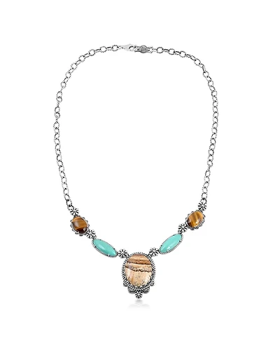 American West Jewelry Sterling Silver Picture Jasper, Green Turquoise and Tiger's Eye Concha Station Necklace, 17 to 20 Inches