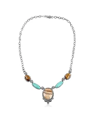 American West Jewelry Sterling Silver Picture Jasper, Green Turquoise and Tiger's Eye Concha Station Necklace, 17 to 20 Inches