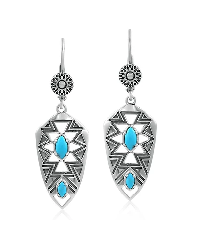 American West Jewelry Sterling Silver Marquise Kingman Turquoise Patterned Lever Back Earrings