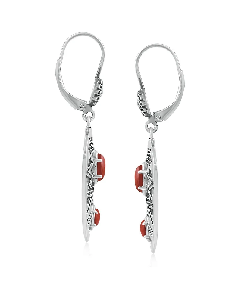 American West Jewelry Sterling Silver Marquise Red Jasper Patterned Lever Back Earrings