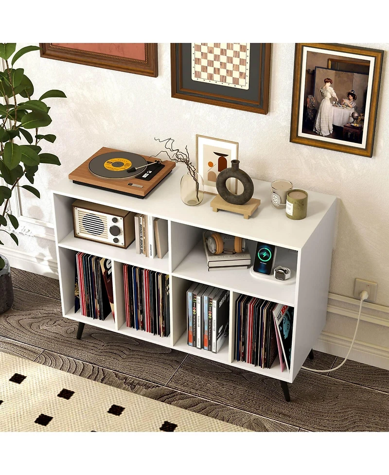 Costway Large Record Player Stand Cabinet with Built-in Power Outlet Open Shelves