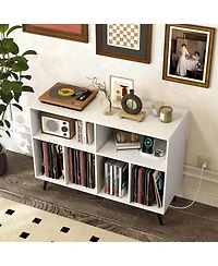 Costway Large Record Player Stand Cabinet with Built-in Power Outlet Open Shelves