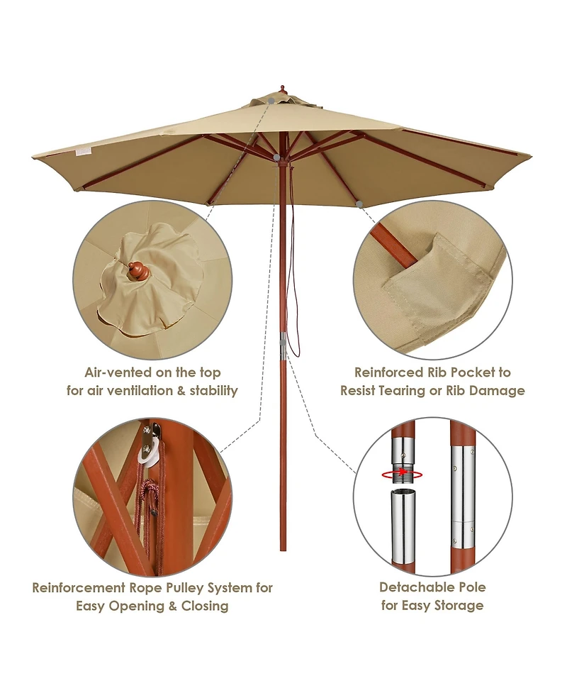 Yescom 9ft Solid Wood Outdoor Patio Umbrella with Base Included Parasol Wheels Stand for Bistro Market Garden Deck Yard Poolside Tan