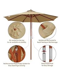 Yescom 9ft Solid Wood Outdoor Patio Umbrella with Base Included Parasol Wheels Stand for Bistro Market Garden Deck Yard Poolside Tan