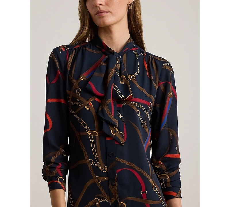 Lauren Ralph Petite Print Georgette Tie-Neck Shirtdress