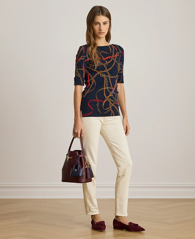 Lauren Ralph Petite Belting-Print Cotton Boatneck T-Shirt