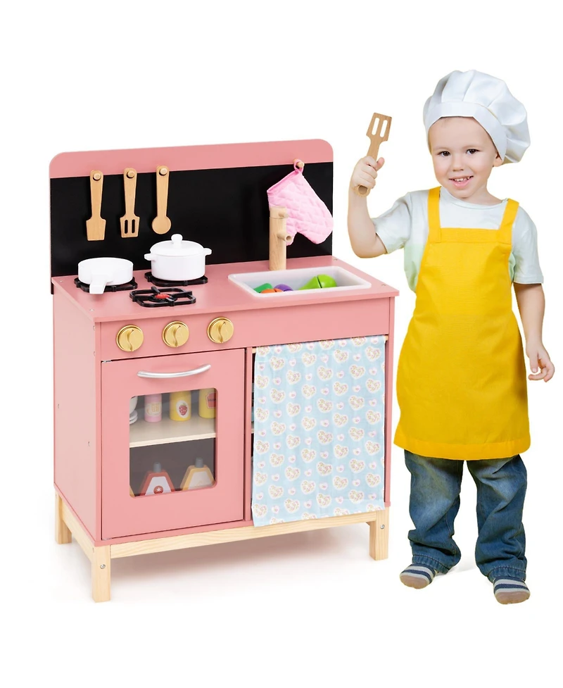 Gymax Play Kitchen for Kids w/ Door Curtain Stoves Sink & Oven Cookware Accessories