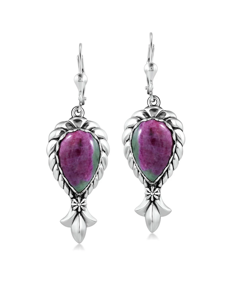 American West Jewelry Sterling Silver Ruby Zoisite Pear-Cut Squash Blossom Lever Back Dangle Earrings