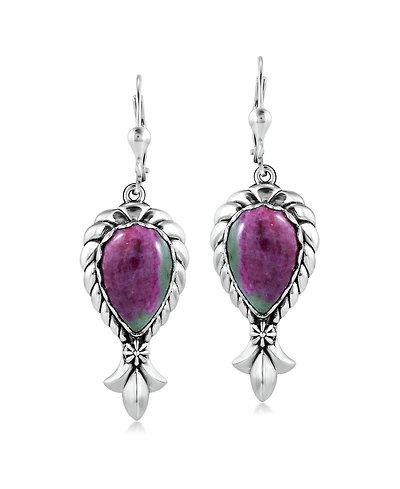 American West Jewelry Sterling Silver Ruby Zoisite Pear-Cut Squash Blossom Lever Back Dangle Earrings