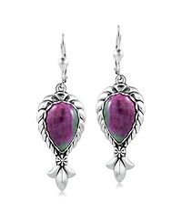 American West Jewelry Sterling Silver Ruby Zoisite Pear-Cut Squash Blossom Lever Back Dangle Earrings