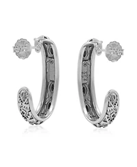 American West Jewelry Sterling Silver Black Onyx Patterned J-Hoop 1 Inch Earrings