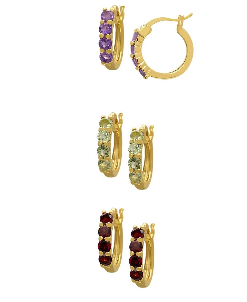 Macy's 3-Pc. Amethyst, Peridot and Garnet (2-1/3 ct. t.w.) Round Halo Huggie Hoop Earrings in 14k Gold over Sterling Silver