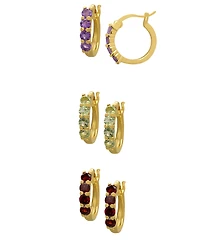 Macy's 3-Pc. Amethyst, Peridot and Garnet (2-1/3 ct. t.w.) Round Halo Huggie Hoop Earrings in 14k Gold over Sterling Silver