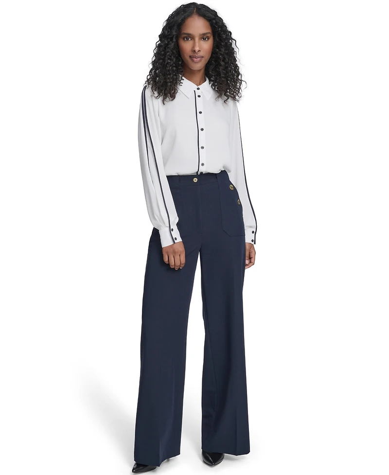 Tommy Hilfiger Women's Long Sleeve Contrast Trim Button-Up Blouse