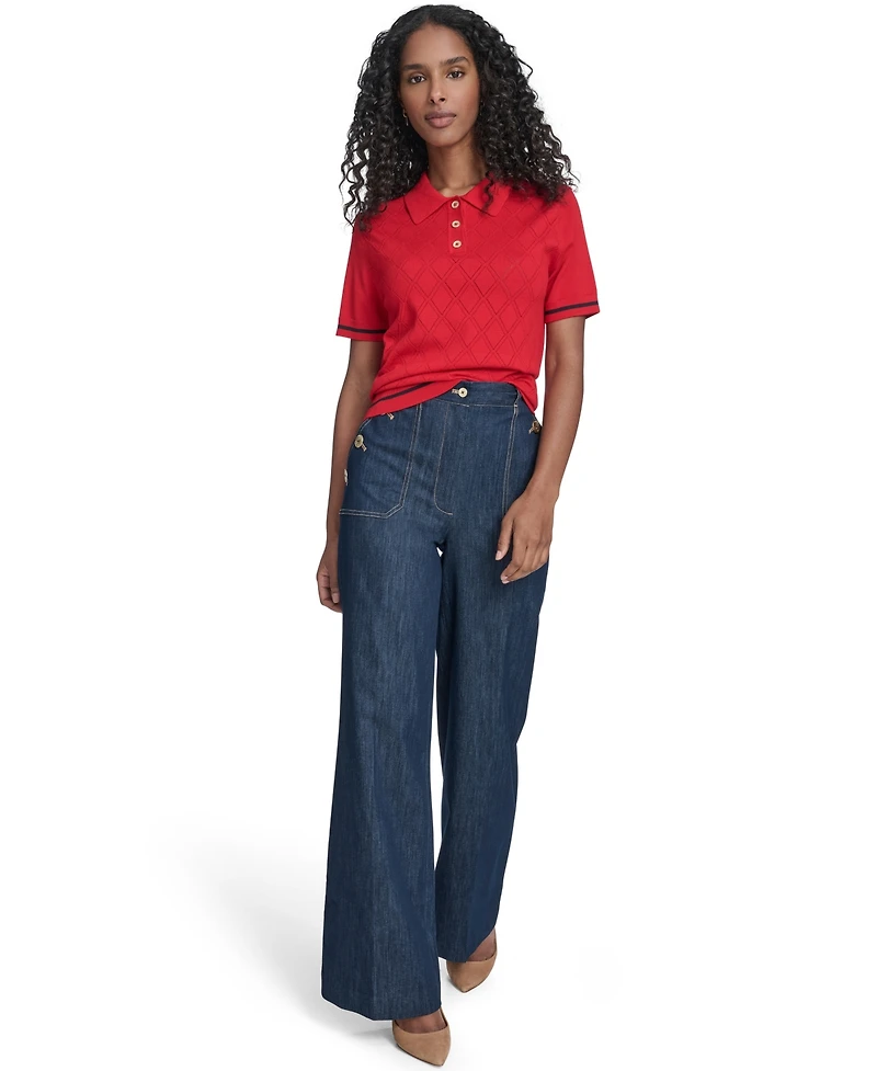 Tommy Hilfiger Women's Short Sleeve Pointelle Polo Sweater