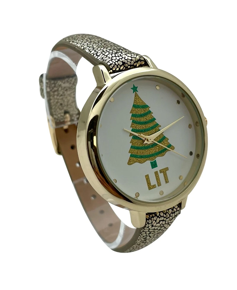 Olivia Pratt Shiny Gold Faux Leather Christmas Themed Women Watches