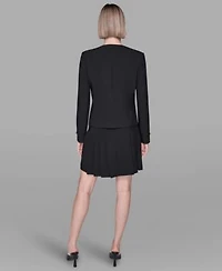 Karl Lagerfeld Paris Womens Embellished Long Sleeve Jacket Short Sleeve Contrast Piping Top Pleated Hardware Detail Skirt