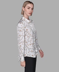 Karl Lagerfeld Paris Women's Collared Printed Long-Sleeve Top