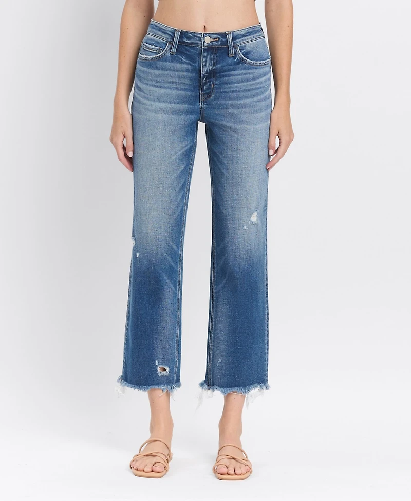 Flying Monkey Women's High Rise Frayed Hem Crop Straight Jeans