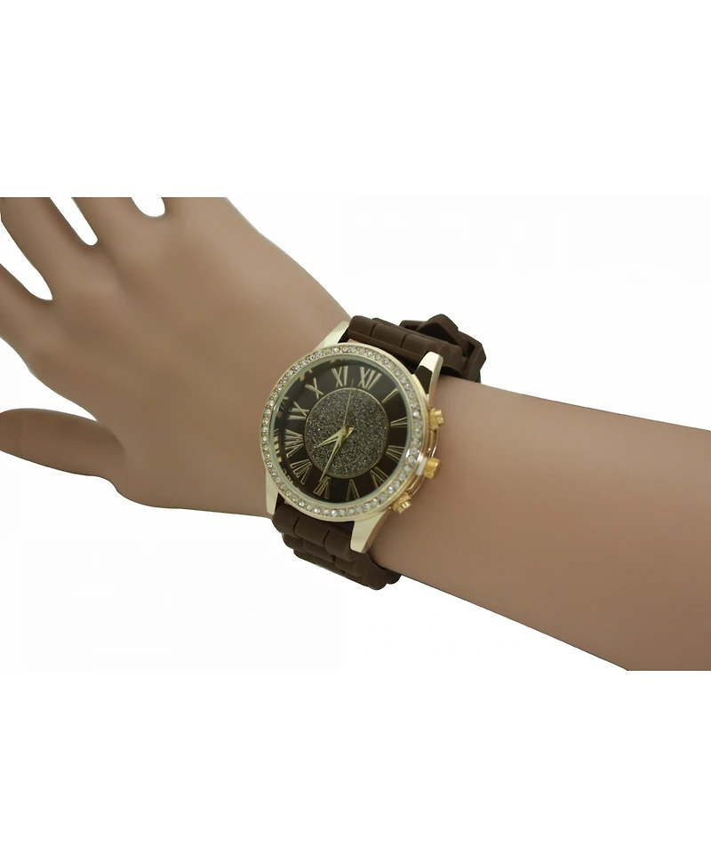 Olivia Pratt Brown Rhinestone Bezel Silicone Strap Watch