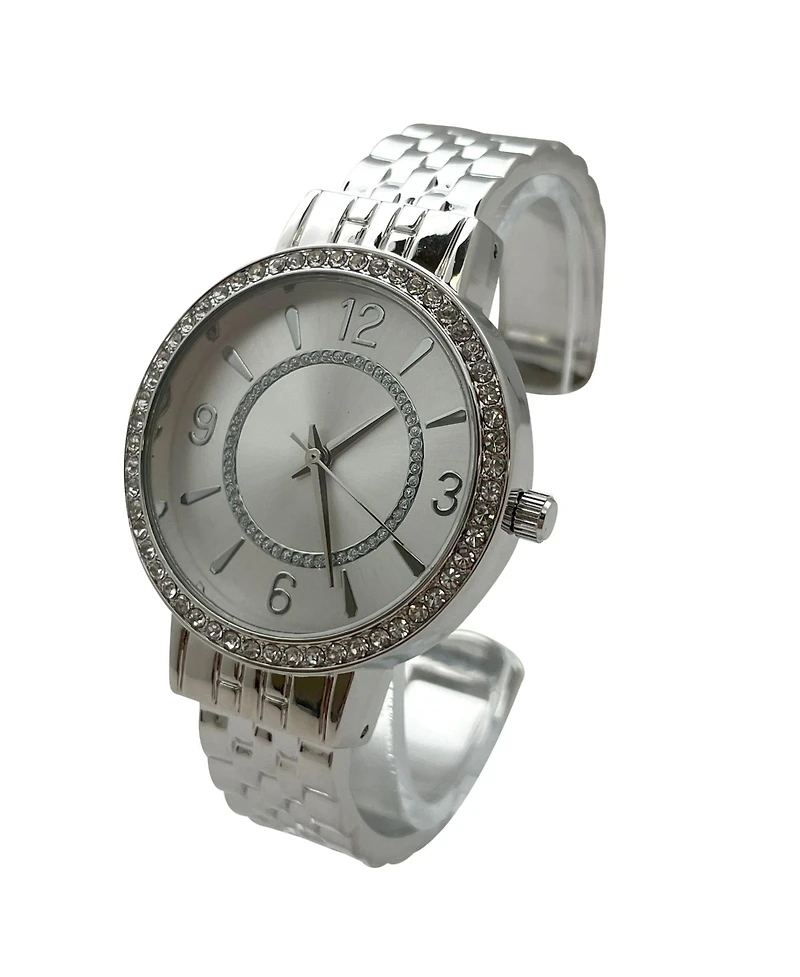 Olivia Pratt Silver Round Face Rhinestone Bezel Textured Bangle Women Watch