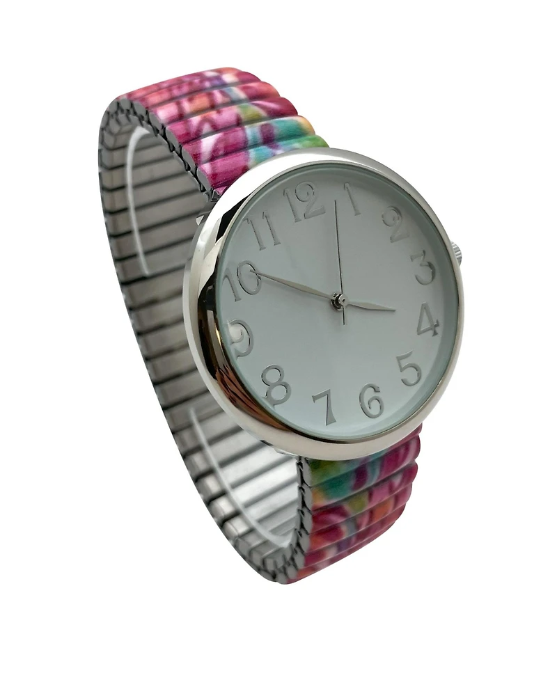 Olivia Pratt Mix Pink Big Dial Easy Reader Watch Printed Elastic Stretch Band Wristwatch Women Watch