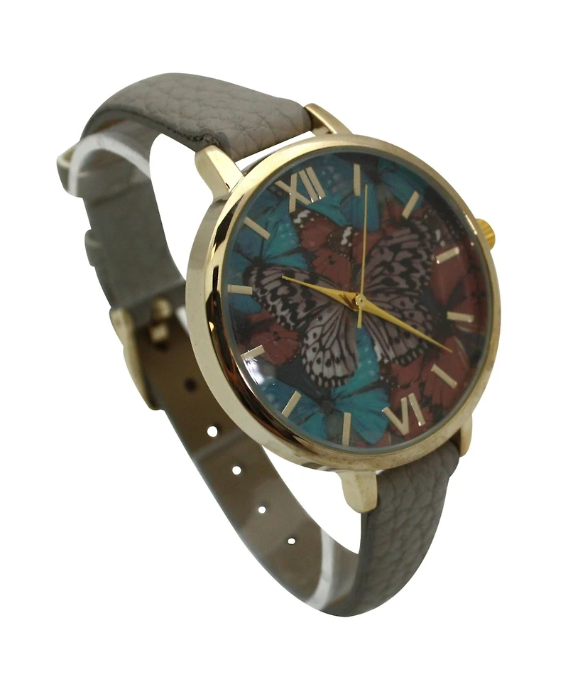 Olivia Pratt Gray Faux Leather Butterflies Dial Women Watch