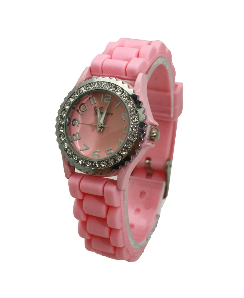 Olivia Pratt Light Pink Every Day Thin Band Silicone and Rhinestones Colorful Women Watch