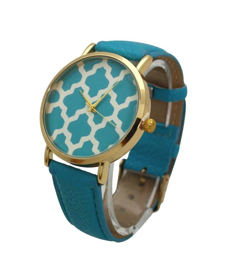 Olivia Pratt Turquoise Geometric Pattern Leather Strap Watch