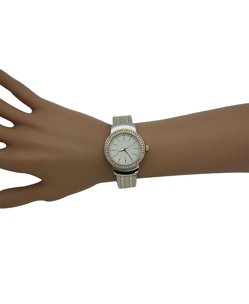 Two Tone Textured And Rhinestone Detal Bangle Watch