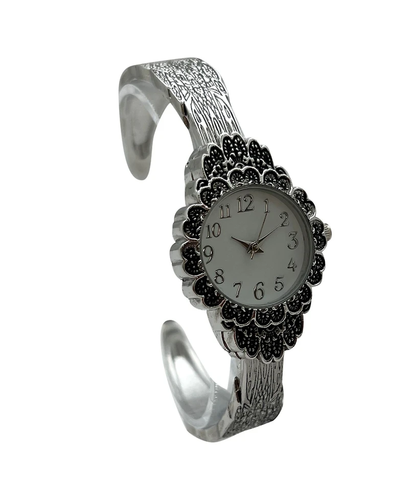 Olivia Pratt Silver Elegant Flower Detailed Face Bangle Women Watch
