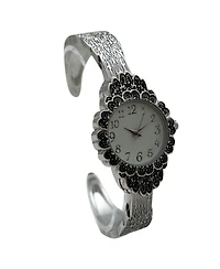 Olivia Pratt Silver Elegant Flower Detailed Face Bangle Women Watch