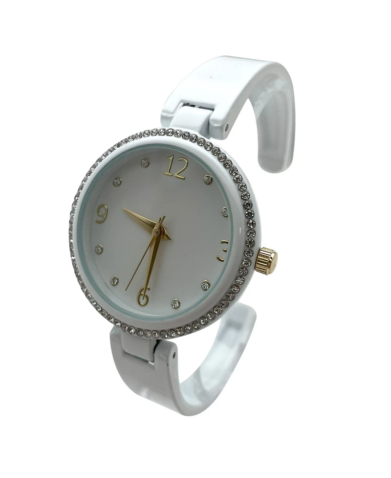 Olivia Pratt White Round Face Rhinestone Bezel Soft Bangle Women Watch